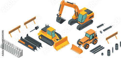 Isometric construction machinery set, excavator bulldozer loader equipment, heavy equipment industrial vector illustration isolated collection