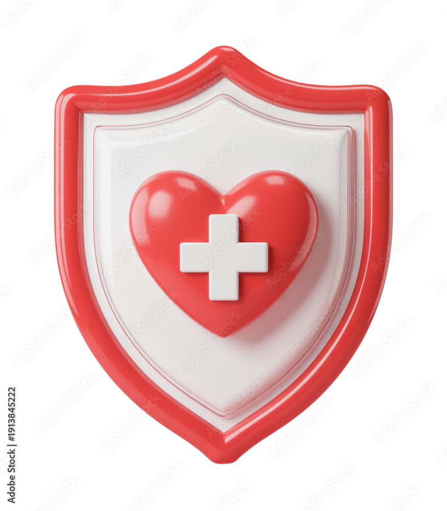 Fototapeta premium 3D Red Shield with Heart and Cross for Health Protection and Care