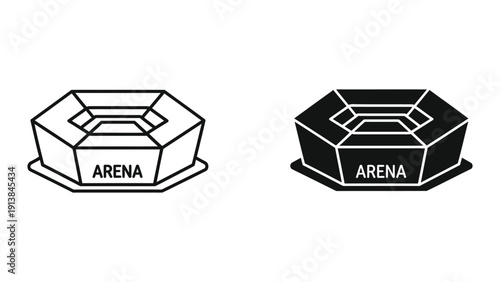 Black and white illustration of arena logo on contrasting backgrounds