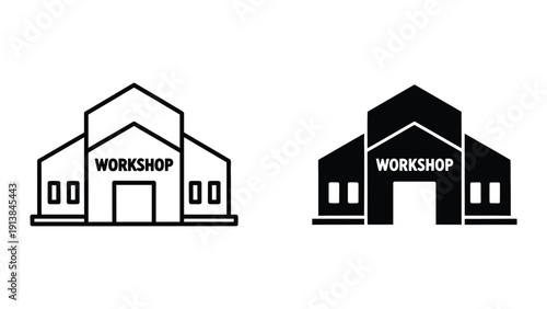 Workshop building icon in black and white