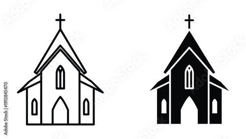 Simple black and white church icons, religious symbols for worship and faith