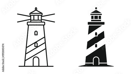 Black and white lighthouse icons set