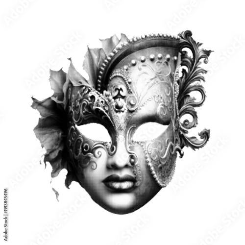 Black and white halftone illustration of ornate Venetian face mask with leaf and scroll details isolated on white background. Carnival and mystery concept.