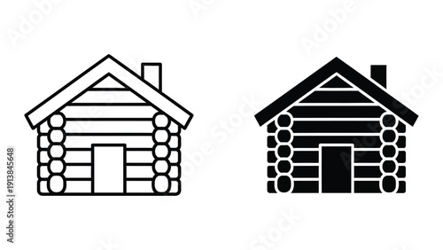 Log cabin icon set, simple black and white illustration