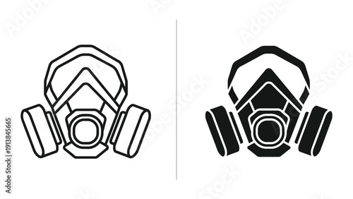 Gas mask icon set, black outline and filled, isolated on white background
