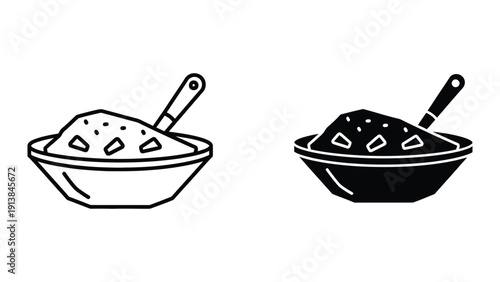 Black and white illustration of two frying pans with food and spatulas