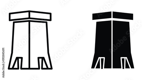 Simple black and white line drawing of two identical industrial chimneys or smokestacks