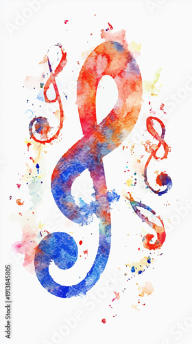 Colorful treble clef music symbol watercolor illustration with splashes and gradient paint effect on white background creative musical art design