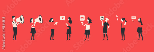 Group of diverse people communicating with megaphones and digital devices posting social media likes and messages on red background flat vector illustration