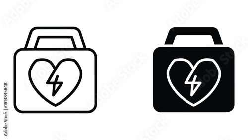 Medical defibrillator icons, black and white outline style