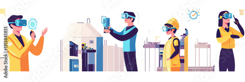 Industrial workers using virtual reality headsets and augmented reality for factory innovation automation smart technology manufacturing process futuristic engineering concept vector illustration