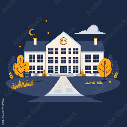 Modern school building exterior at night with illuminated windows pathway and autumn trees flat vector illustration on dark background educational institution campus landscape