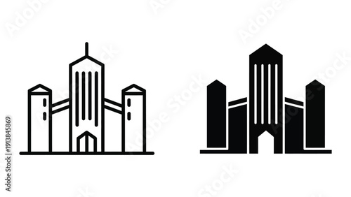 City skyline silhouette, urban landscape, black and white illustration