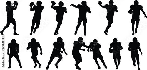 American football player silhouettes set, dynamic running, passing and tackling action poses collection, isolated vector illustration for team sport competition themes