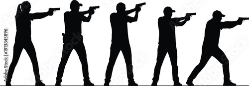 Vector silhouette collection of people training with handguns featuring men and women in various tactical shooting stances, aiming, and firing