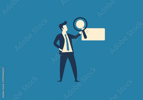 Businessman holding magnifying glass searching empty search box on blue background concept of research discovery investigation and information seeking in flat minimalist vector design