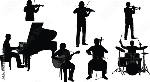 Vector silhouette collection of professional musicians playing instruments including piano, drums, violin, guitar, cello, and trumpet for orchestral or band performance