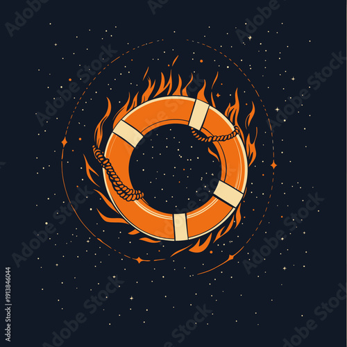 Orange lifebuoy with flames surrounded by starry sky and dotted orbit lines on dark background, abstract space rescue symbol vector illustration