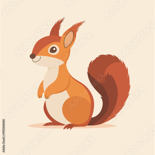 cute cartoon squirrel with bushy tail standing upright in flat minimalist vector style on beige background