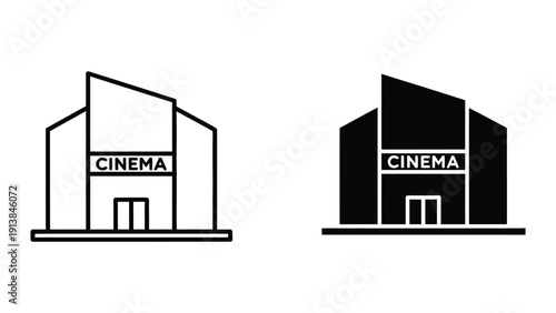 Cinema building icon set, black and white vector illustration