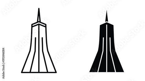 Twin tower logo or icon set, black outline and silhouette.