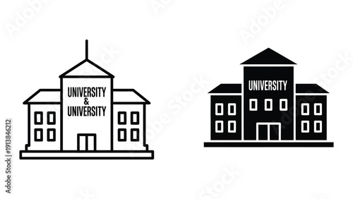 University building icon set in black and white