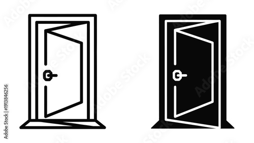 Open door icon set, black and white vector illustration
