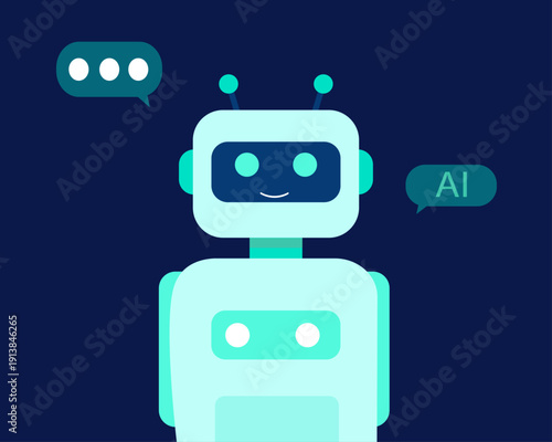 Cute AI Chatbot Robot Assistant dark mood Flat Illustration Friendly Chatbot Robot Flat Vector AI Assistant Bot Character Minimal Illustration Customer Support Chatbot Robot Icon Artificial