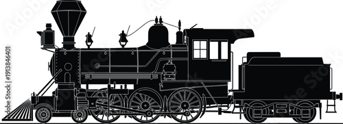 Vintage steam locomotive train vector illustration, antique engine silhouette with coal tender, old railroad transportation isolated on white background,