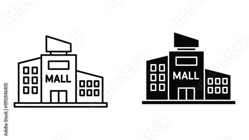 Shopping mall icon set, black and white
