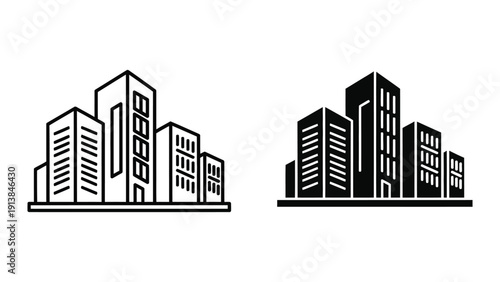 Modern city skyline with office buildings vector illustration set