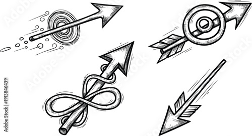Vintage hand drawn arrow sketches set including conceptual symbols like target loop and infinity designs for creative and artistic projects.