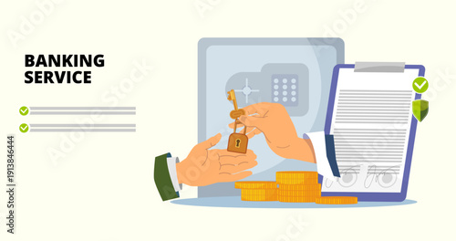 Illustration for landing page with safe deposit box services, vector illustration bank deal storage, deposit deal, financial concept, storage of valuables, financial deal