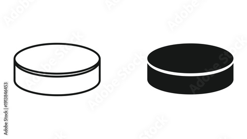Two simple black and white illustrations of hockey pucks on a white background