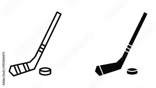 Hockey sticks and pucks, black and white outline graphic