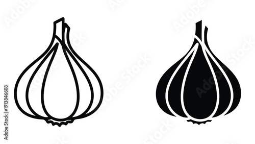Black and white illustration of garlic bulbs, side by side