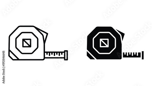 Tape measure icon set, black and white, isolated on white background