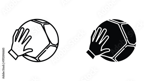 Hand holding soccer ball outline icons, black and white