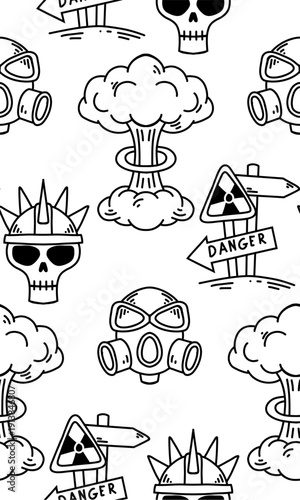 Seamless black and white doodle pattern with skulls, gas masks, danger signs and explosion clouds. Postapocalyptic and nuclear war.