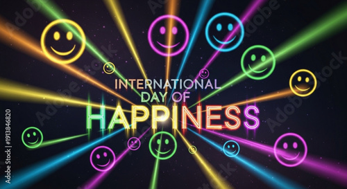 International day of happiness colorful smiley faces and lights on black background