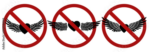 Set of prohibition icons with winged heart symbol. No love. Flat vector warning graphics