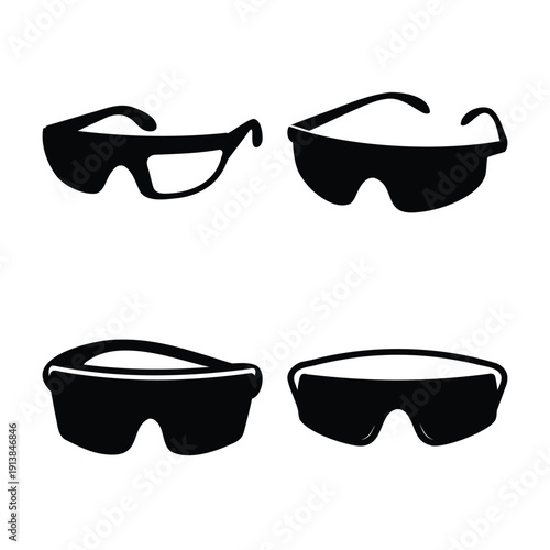 Collection of various black silhouette glasses featuring diverse styles of eyewear and safety shades