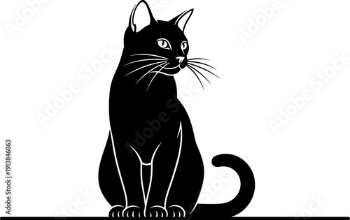 Majestic black cat sitting silhouette, domestic pet feline vector, elegant kitty home animal graphic, indoor shorthair cat icon, isolated decorative feline element.