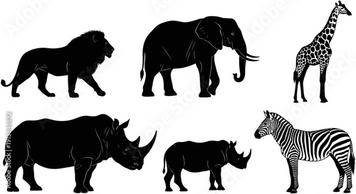 Safari animal silhouette collection, wild African wildlife vector set, lion elephant giraffe zebra rhino graphics, isolated black savannah fauna elements.