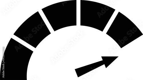 Performance speed meter gauge icon, fast motion level indicator symbol, abstract measurement scale graphic, dashboard automotive progress sign, isolated black professional silhouette design.