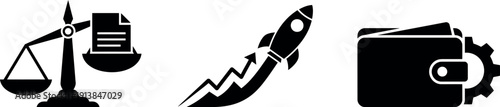 Business growth black icons with rocket justice scales and wallet vector on transparent background