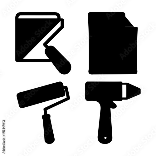 Essential home improvement and construction tools: paint roller, document, and drill icons