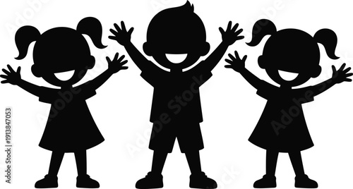 Three cheerful young children silhouettes with their arms raised high in a joyful celebration on white