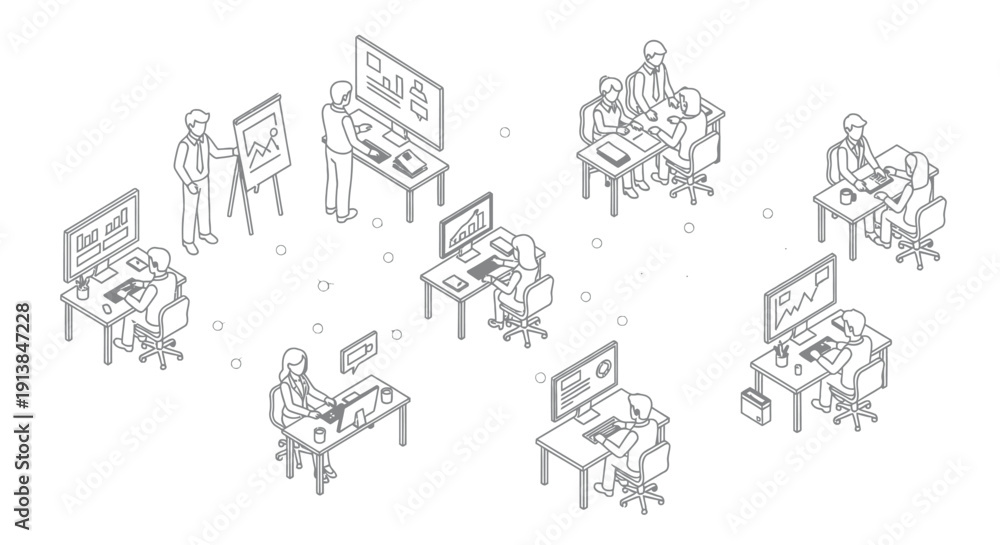 Fototapeta premium Employees work collaboratively around computer desks in an office environment.