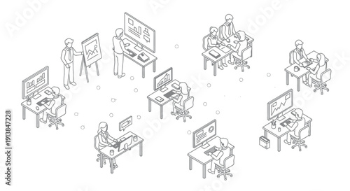 Employees work collaboratively around computer desks in an office environment.
